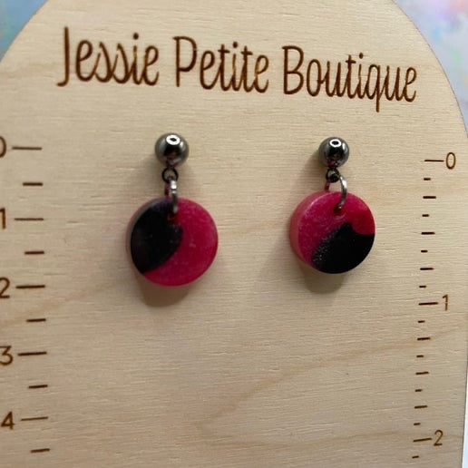 Small Pink and Black Circle Drop Earrings