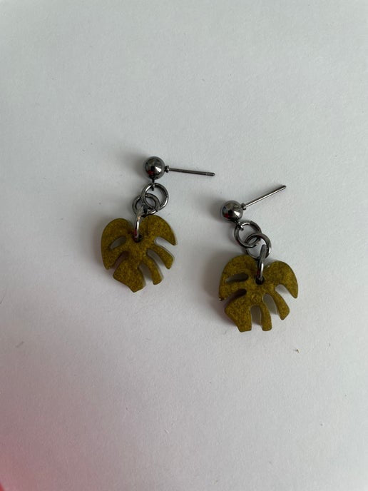 Tiny Olive Green Monstera Earrings