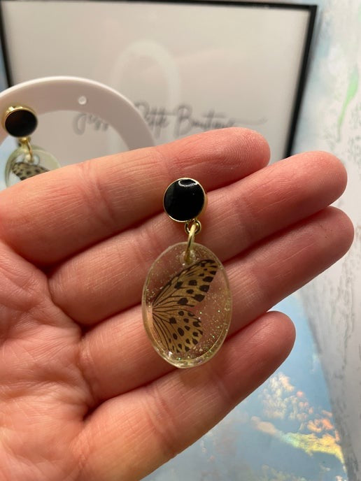 Papillon jaune scintillant + bouton d'oreille noir - Sans nickel