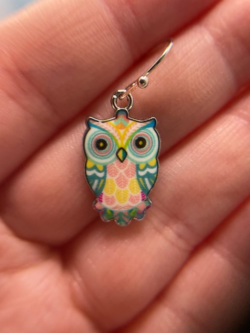 Boucles d'oreilles pendantes en émail motif hibou (4 options de couleurs)