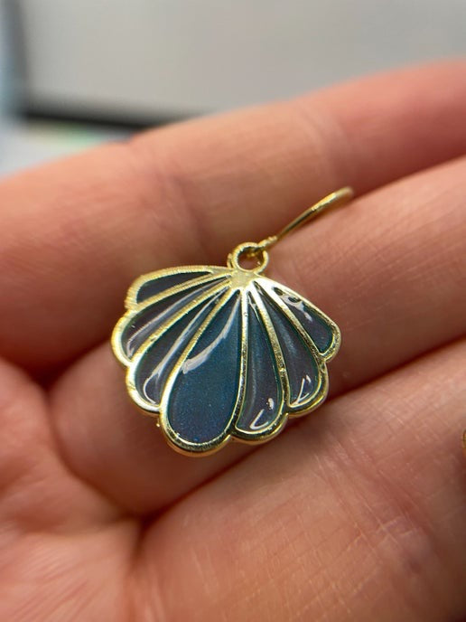 Sparkly Blue And Gold Shell Earrings - Nickel Free