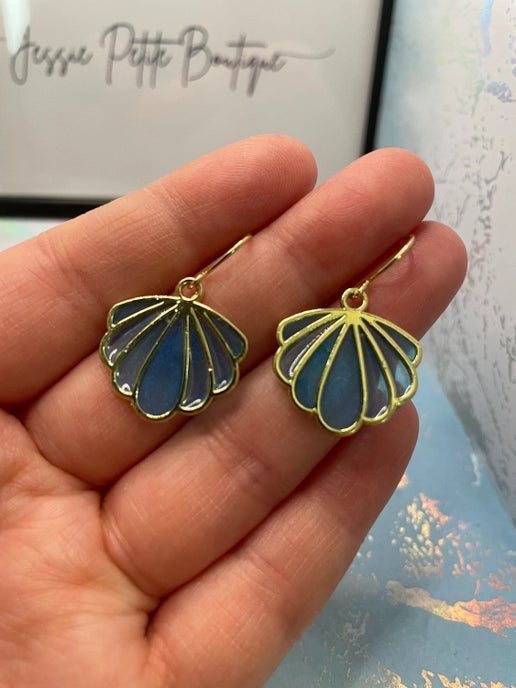 Sparkly Blue And Gold Shell Earrings - Nickel Free