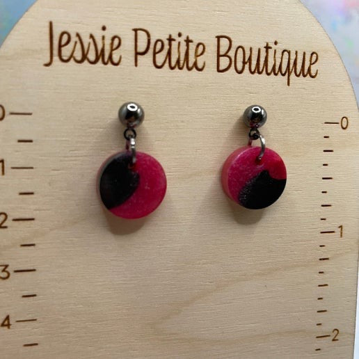 Small Pink and Black Circle Drop Earrings