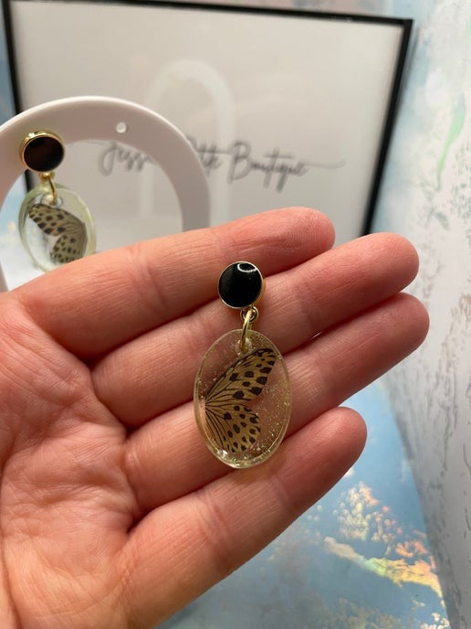 Papillon jaune scintillant + bouton d'oreille noir - Sans nickel