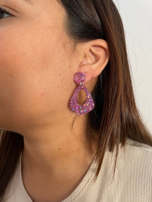 Sparkly Pink Teardrop Earrings –PLASTIC