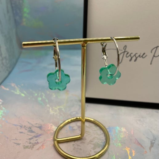 Green Flower Silver Hoop Earrings