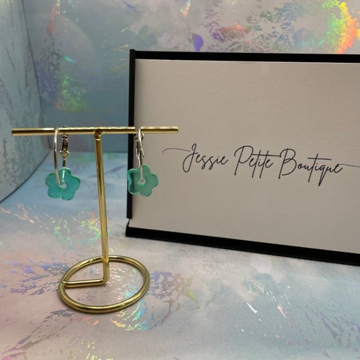 Green Flower Silver Hoop Earrings