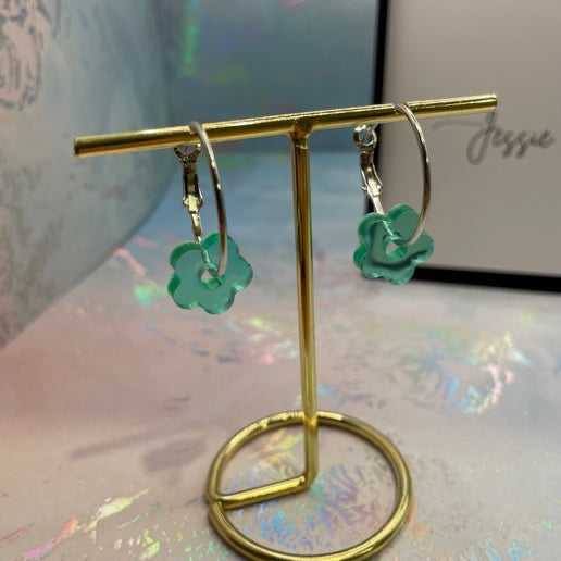 Green Flower Silver Hoop Earrings