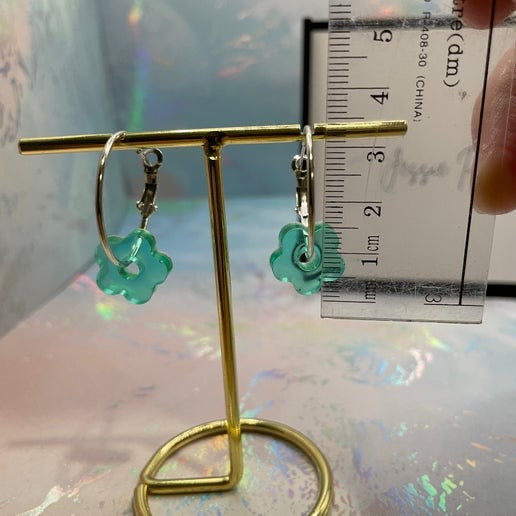 Green Flower Silver Hoop Earrings