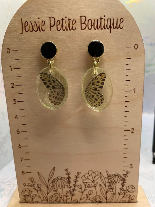 Papillon jaune scintillant + bouton d'oreille noir - Sans nickel