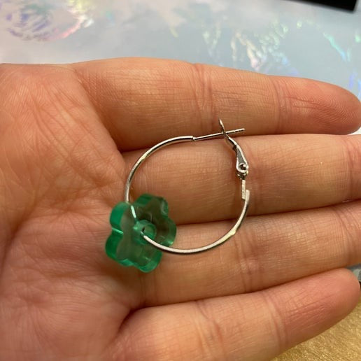 Green Flower Silver Hoop Earrings