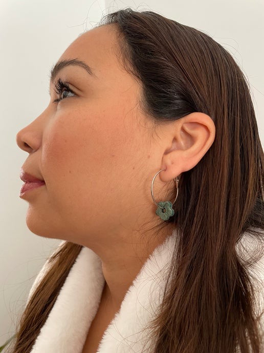 Green Flower Silver Hoop Earrings