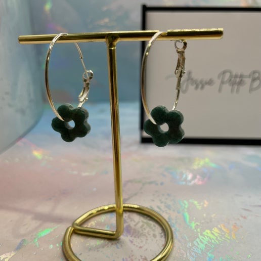 Green Flower Silver Hoop Earrings