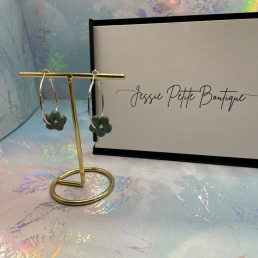 Green Flower Silver Hoop Earrings