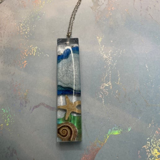 Ocean Starfish Rectangle Necklace- 20" Silver Chain