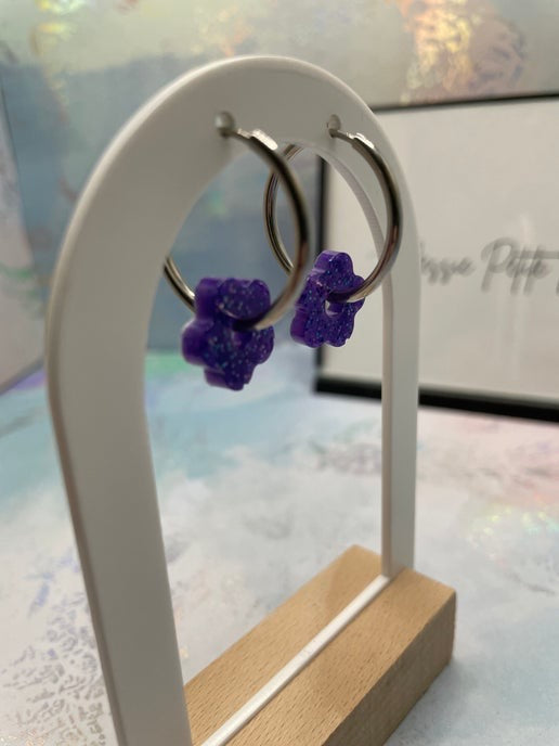 Boucles d'oreilles créoles en argent et fleur mauve scintillante - Acier inoxydable