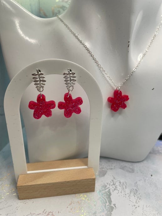 Sparkly Pink Flower SET - 20" Silver Chain