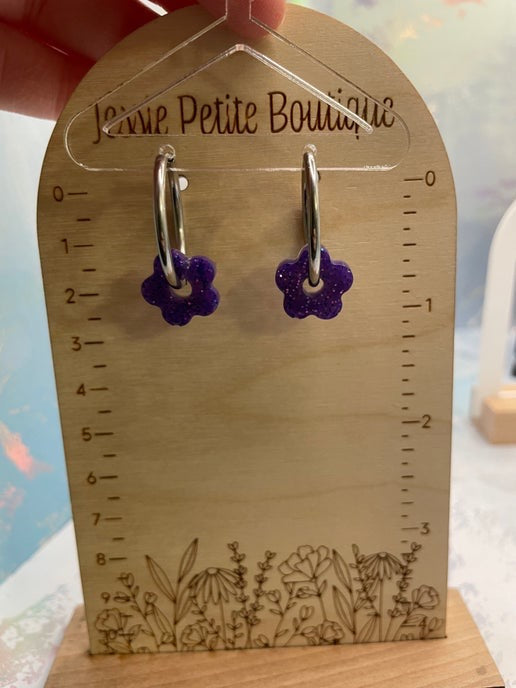 Boucles d'oreilles créoles en argent et fleur mauve scintillante - Acier inoxydable