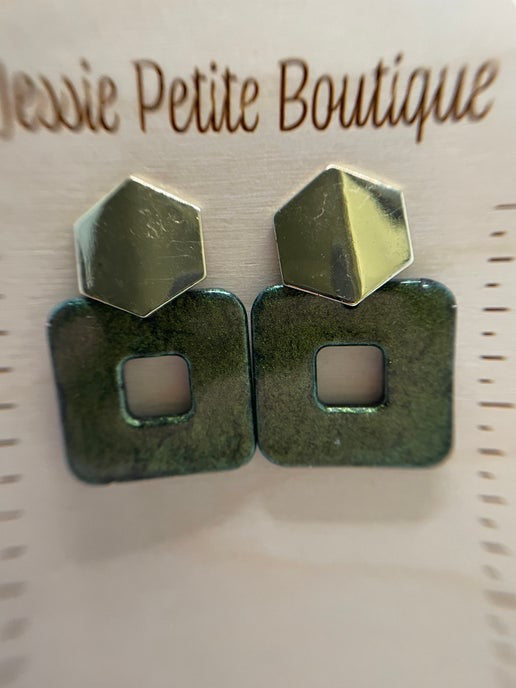 Boucles d'oreilles carrées vert foncé + bouton d'oreille hexagonal  or Sans Nickel