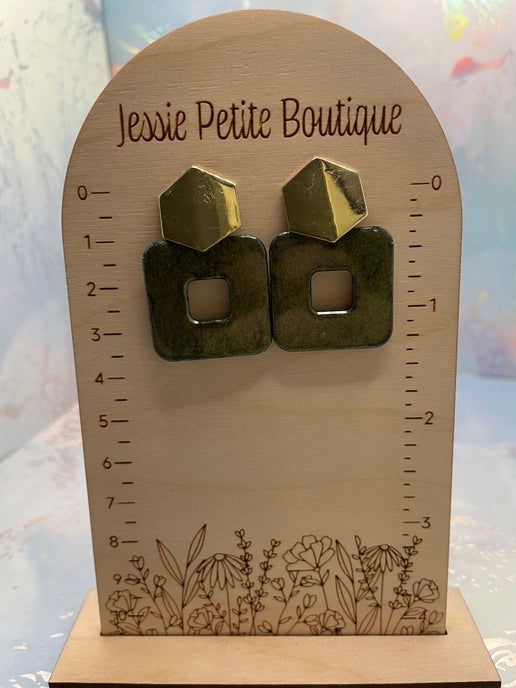 Boucles d'oreilles carrées vert foncé + bouton d'oreille hexagonal  or Sans Nickel