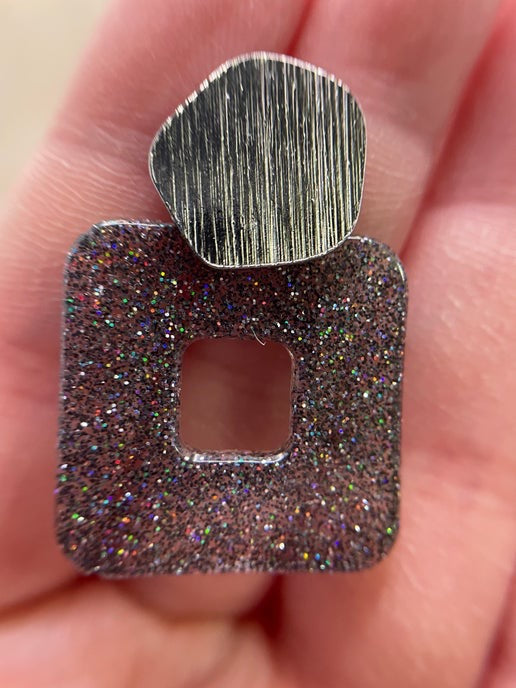 Boucles d'oreilles Carré +bouton texture argent-Sans Nickel