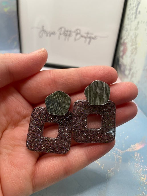 Boucles d'oreilles Carré +bouton texture argent-Sans Nickel