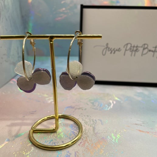 Chameleon Purple Pansy Earrings on Silver Hoop