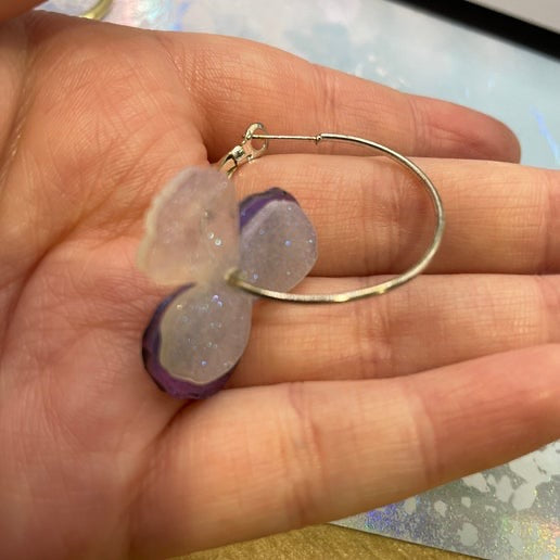 Chameleon Purple Pansy Earrings on Silver Hoop