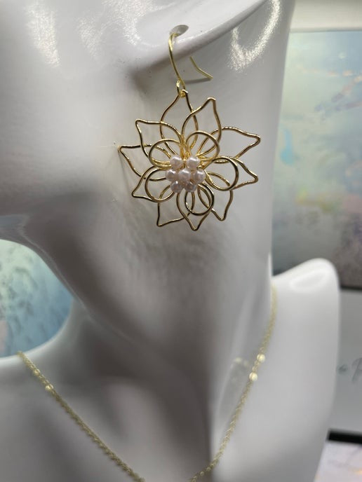Boucles d'oreilles fleur dorée avec perles-Sans Nickel