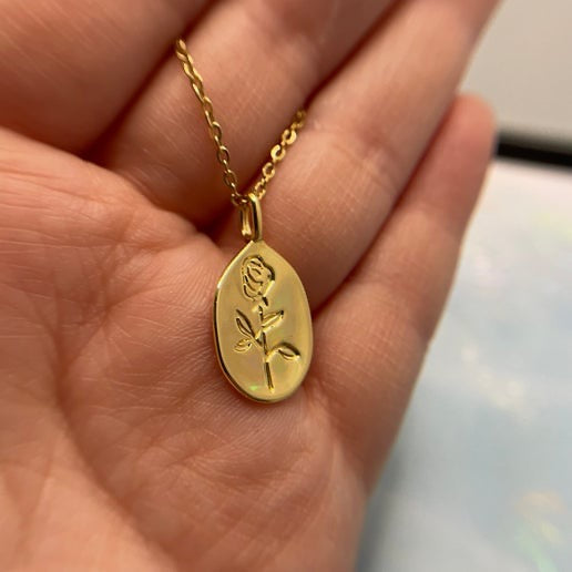 Stamped Rose Pendant Necklace-20'' Stainless Steel