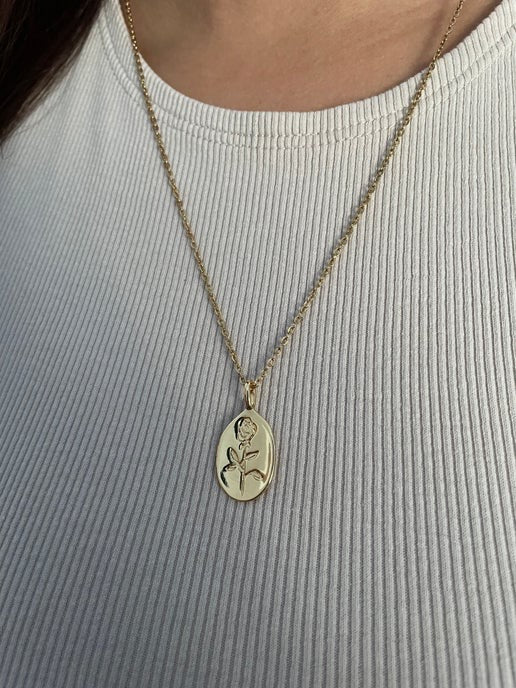 Stamped Rose Pendant Necklace-20'' Stainless Steel