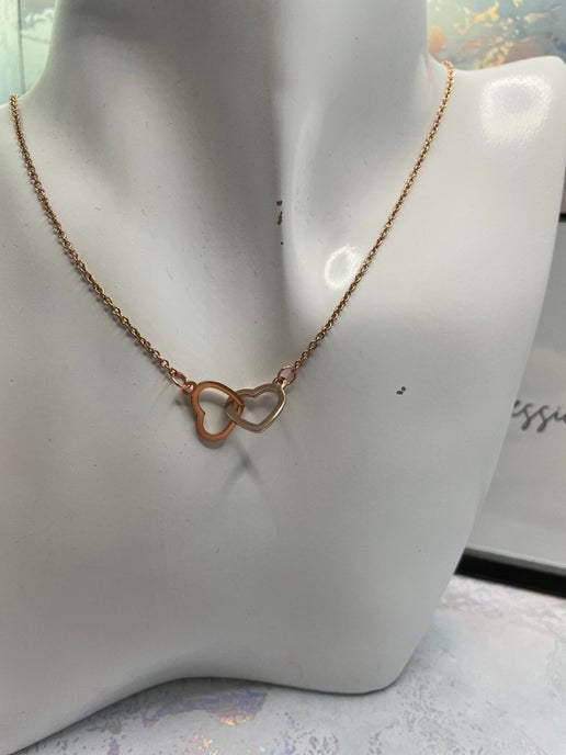 Double Heart Pendant Necklace on Rose Gold Chain - Stainless Steel