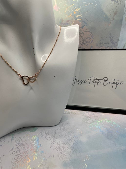 Double Heart Pendant Necklace on Rose Gold Chain - Stainless Steel
