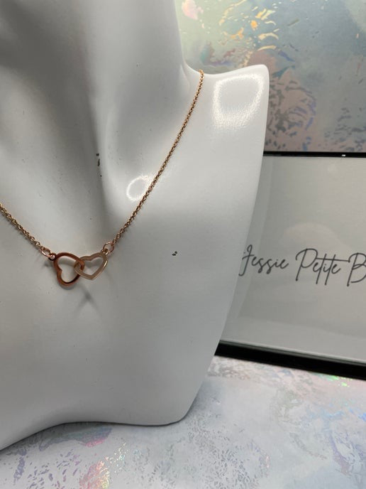 Double Heart Pendant Necklace on Rose Gold Chain - Stainless Steel