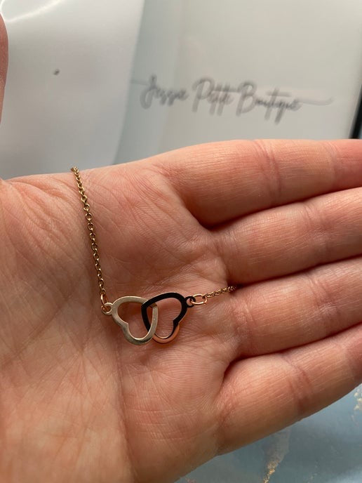 Double Heart Pendant Necklace on Rose Gold Chain - Stainless Steel