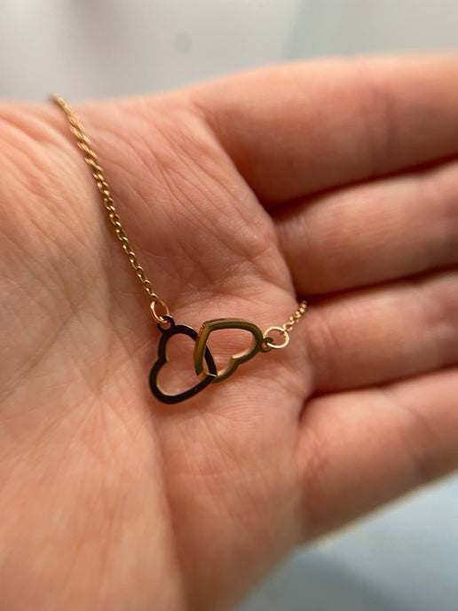 Double Heart Pendant Necklace on Rose Gold Chain - Stainless Steel