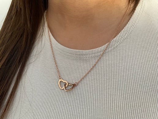Double Heart Pendant Necklace on Rose Gold Chain - Stainless Steel