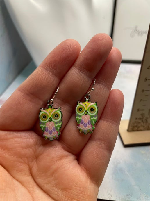 Boucles d'oreilles pendantes en émail motif hibou (4 options de couleurs)
