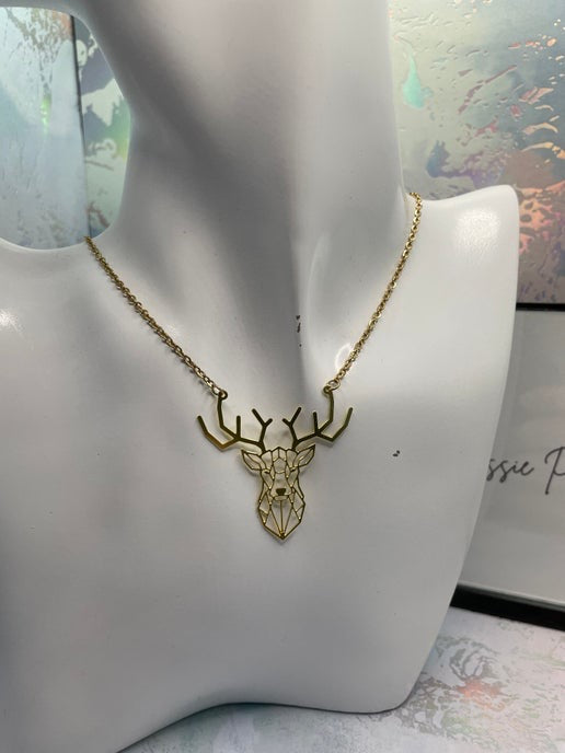 Gold Deer Pendant Necklace 21''-Nickel Free