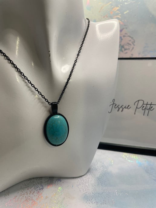 Oval Turquoise on Black Cabochon Necklace- 21'' nickel free