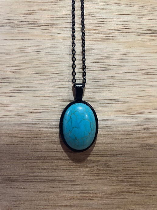 Oval Turquoise on Black Cabochon Necklace- 21'' nickel free