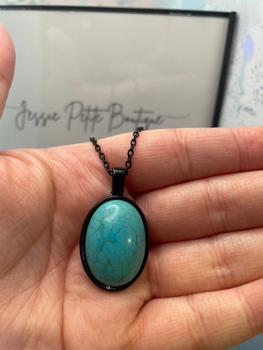 Oval Turquoise on Black Cabochon Necklace- 21'' nickel free