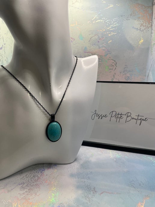 Oval Turquoise on Black Cabochon Necklace- 21'' nickel free