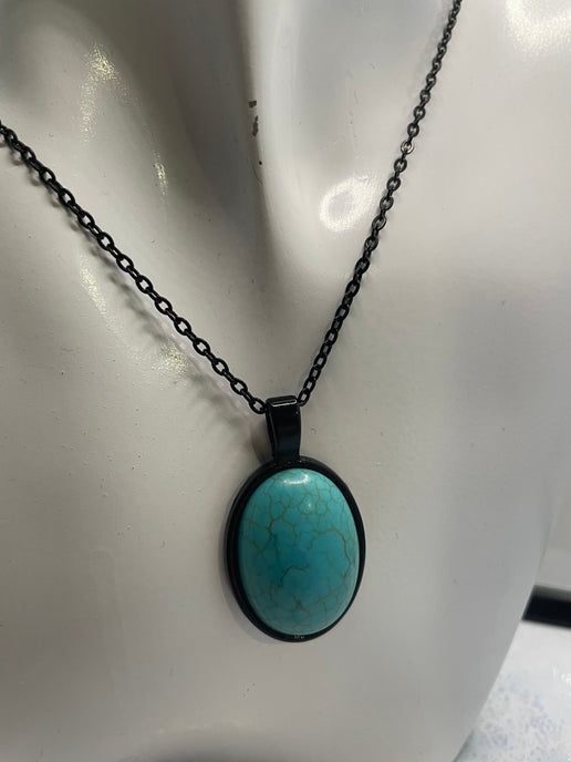 Oval Turquoise on Black Cabochon Necklace- 21'' nickel free