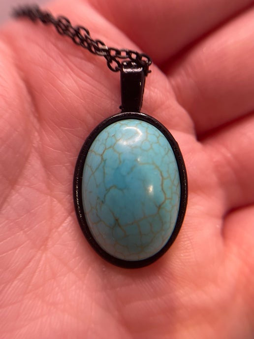 Oval Turquoise on Black Cabochon Necklace- 21'' nickel free