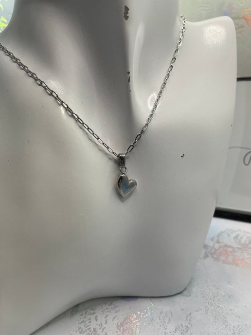 Silver Puffed Heart Pendant Necklace – 20''Stainless Steel