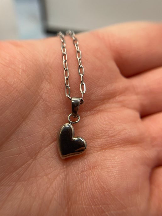 Silver Puffed Heart Pendant Necklace – 20''Stainless Steel