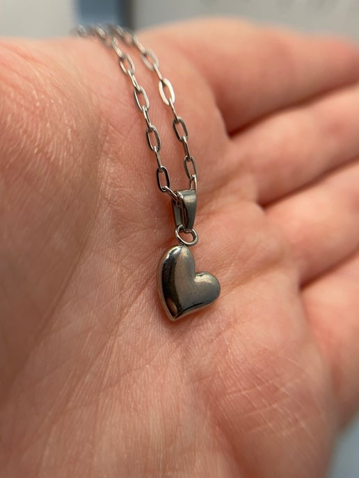 Silver Puffed Heart Pendant Necklace – 20''Stainless Steel