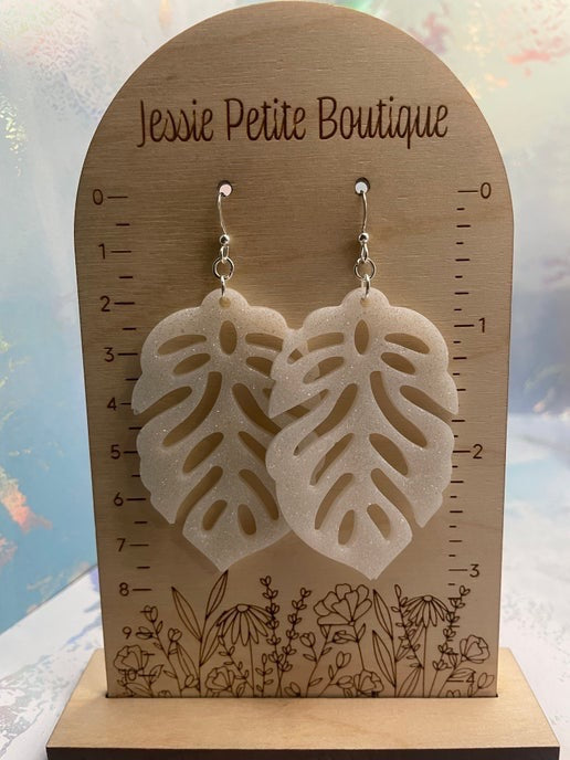 Sparkly White Long Leaf Earrings-Nickel Free
