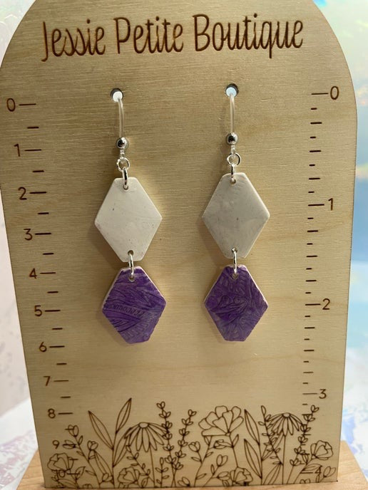 Carole: White and Purple Clay Earrings-HYPOALLERGENIC